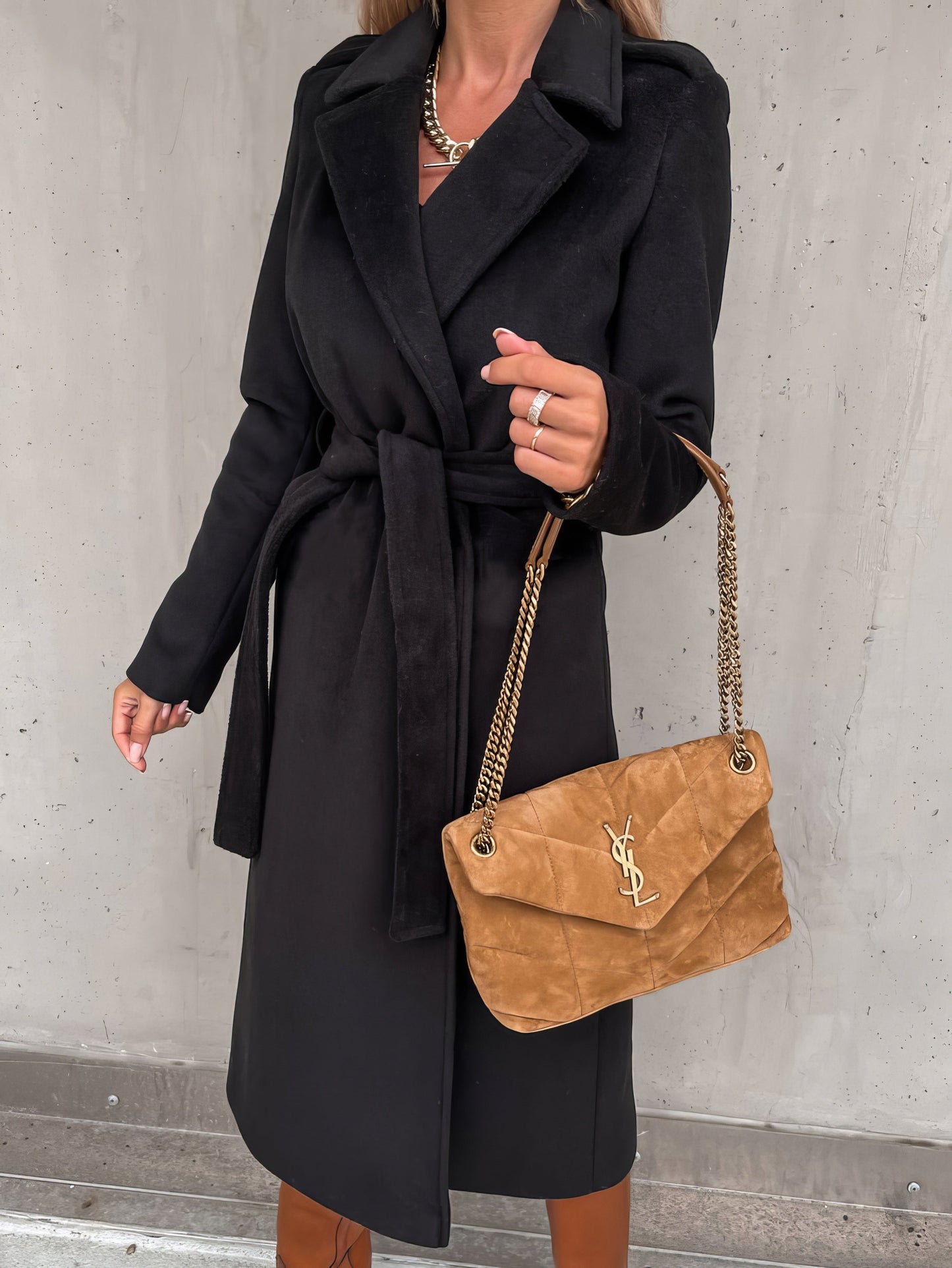 Coats Simple Lapel Belted Long Sleeve Woolen Coat - LuckyFash™