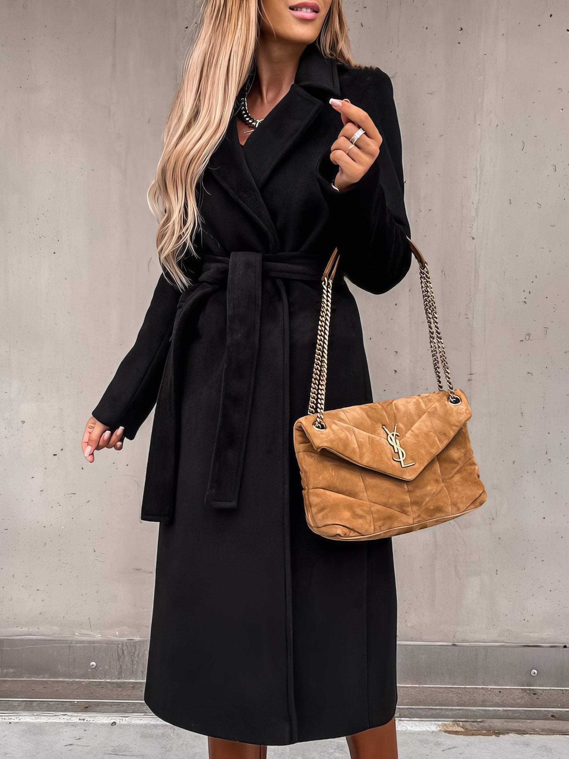 Coats Simple Lapel Belted Long Sleeve Woolen Coat - LuckyFash™