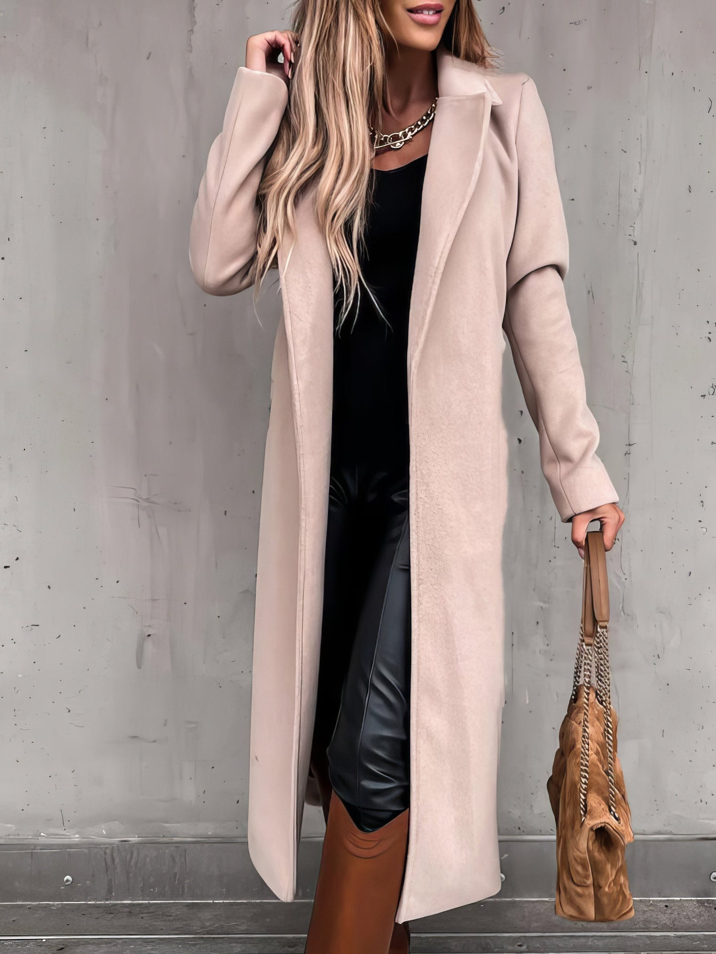 Coats Simple Lapel Belted Long Sleeve Woolen Coat - LuckyFash™