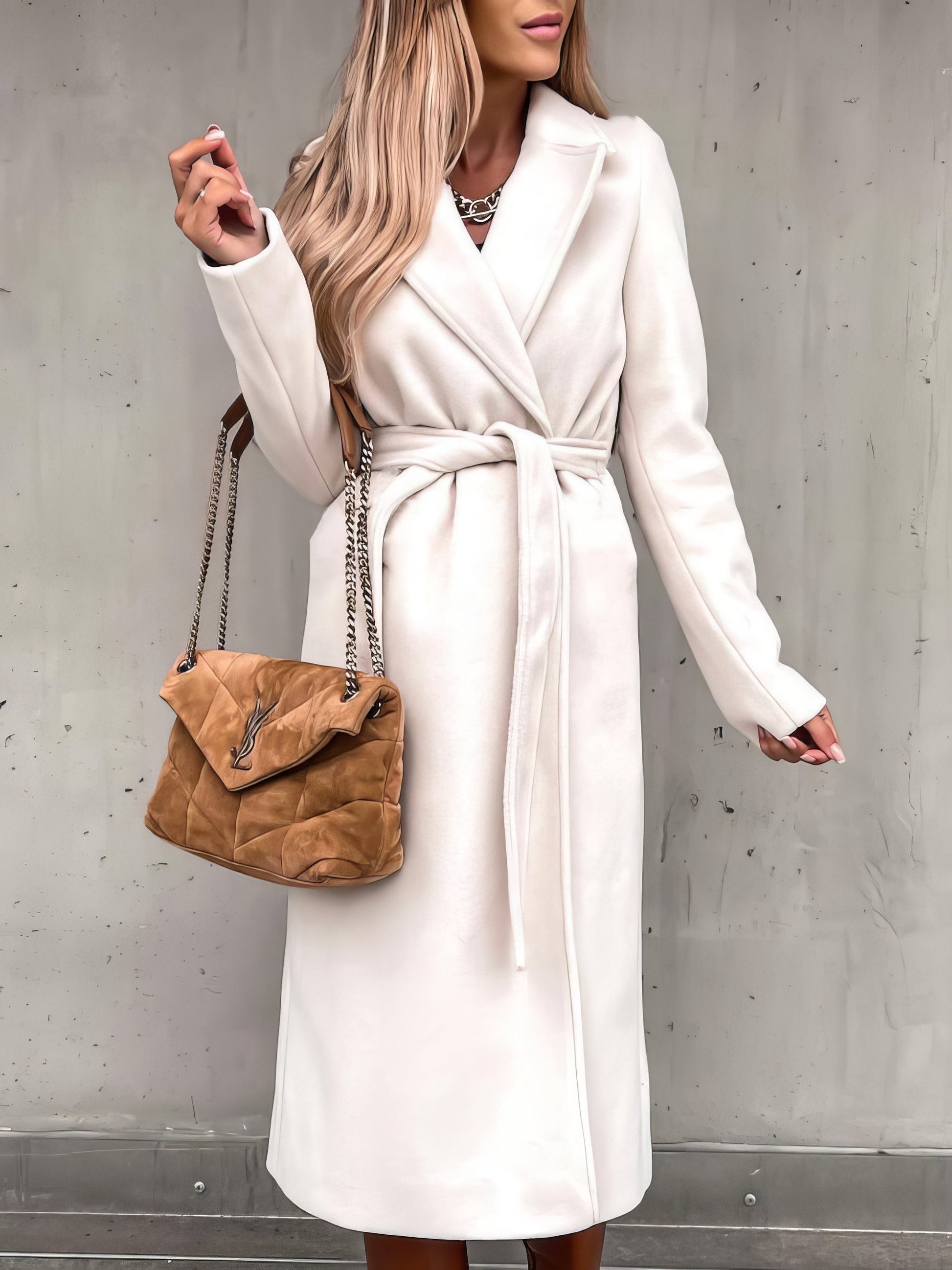 Coats Simple Lapel Belted Long Sleeve Woolen Coat - LuckyFash™