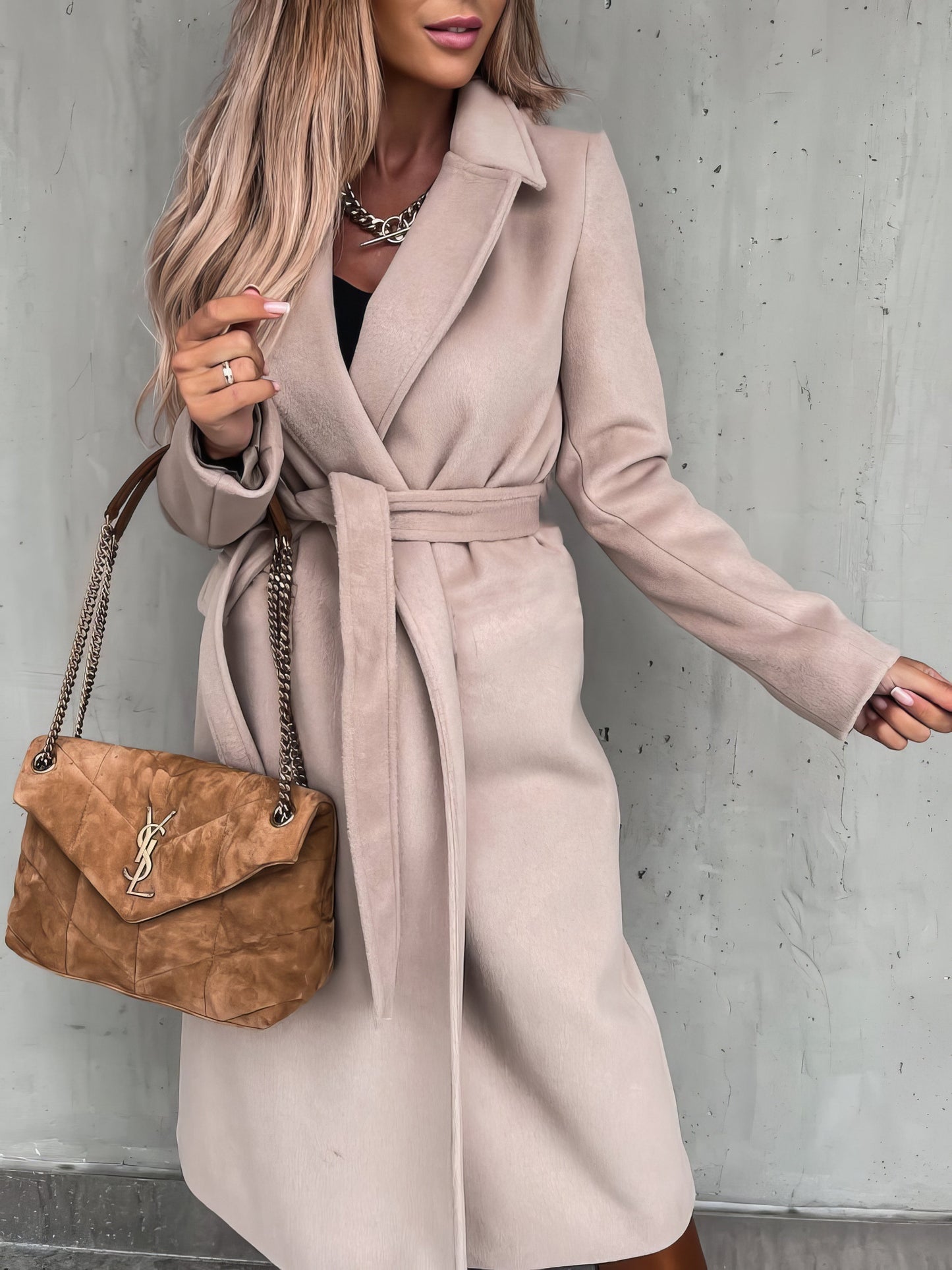 Coats Simple Lapel Belted Long Sleeve Woolen Coat - LuckyFash™