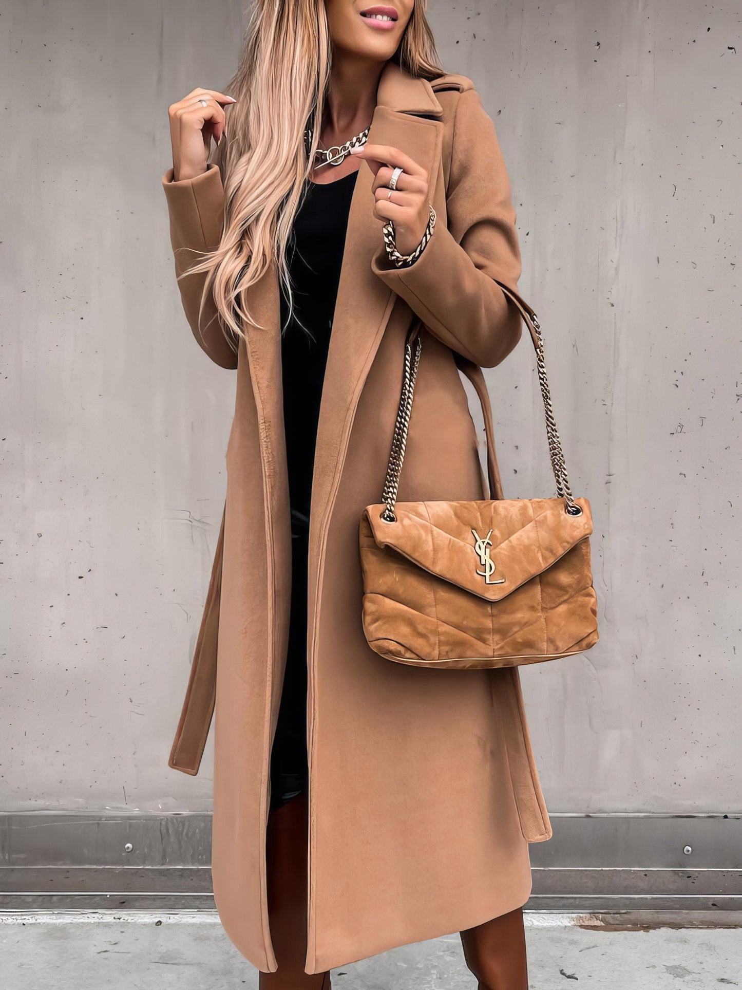 Coats Simple Lapel Belted Long Sleeve Woolen Coat - LuckyFash™