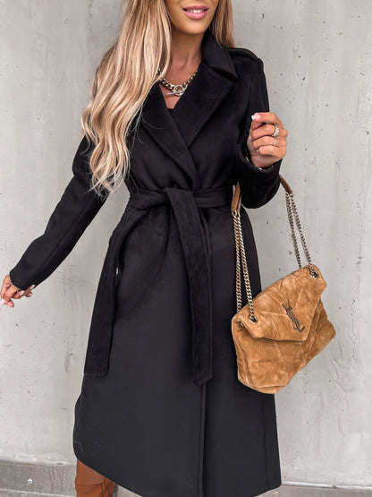 Coats Simple Lapel Belted Long Sleeve Woolen Coat - LuckyFash™