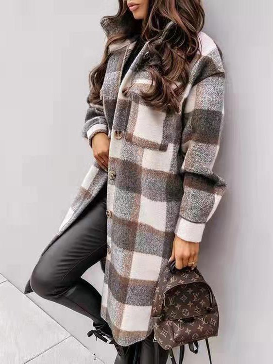 Coats Single Breasted Plaid Brushed Mid Length Wool Coat - LuckyFash™