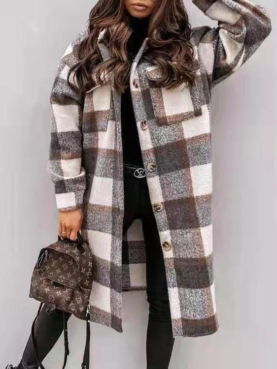 Coats Single Breasted Plaid Brushed Mid Length Wool Coat - LuckyFash™