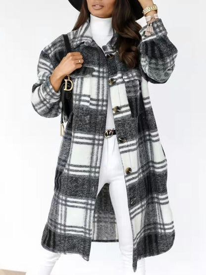 Coats Single Breasted Plaid Brushed Mid Length Wool Coat - LuckyFash™