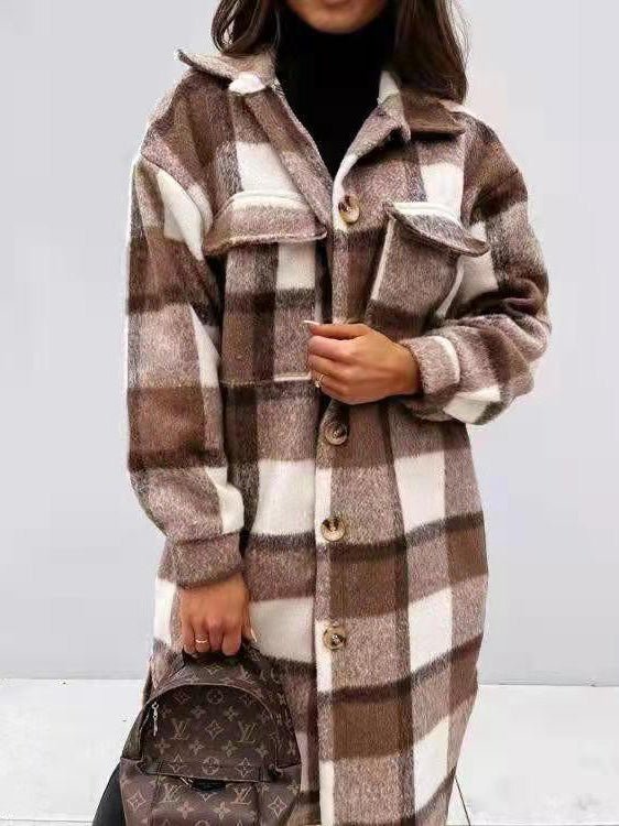 Coats Single Breasted Plaid Brushed Mid Length Wool Coat - LuckyFash™