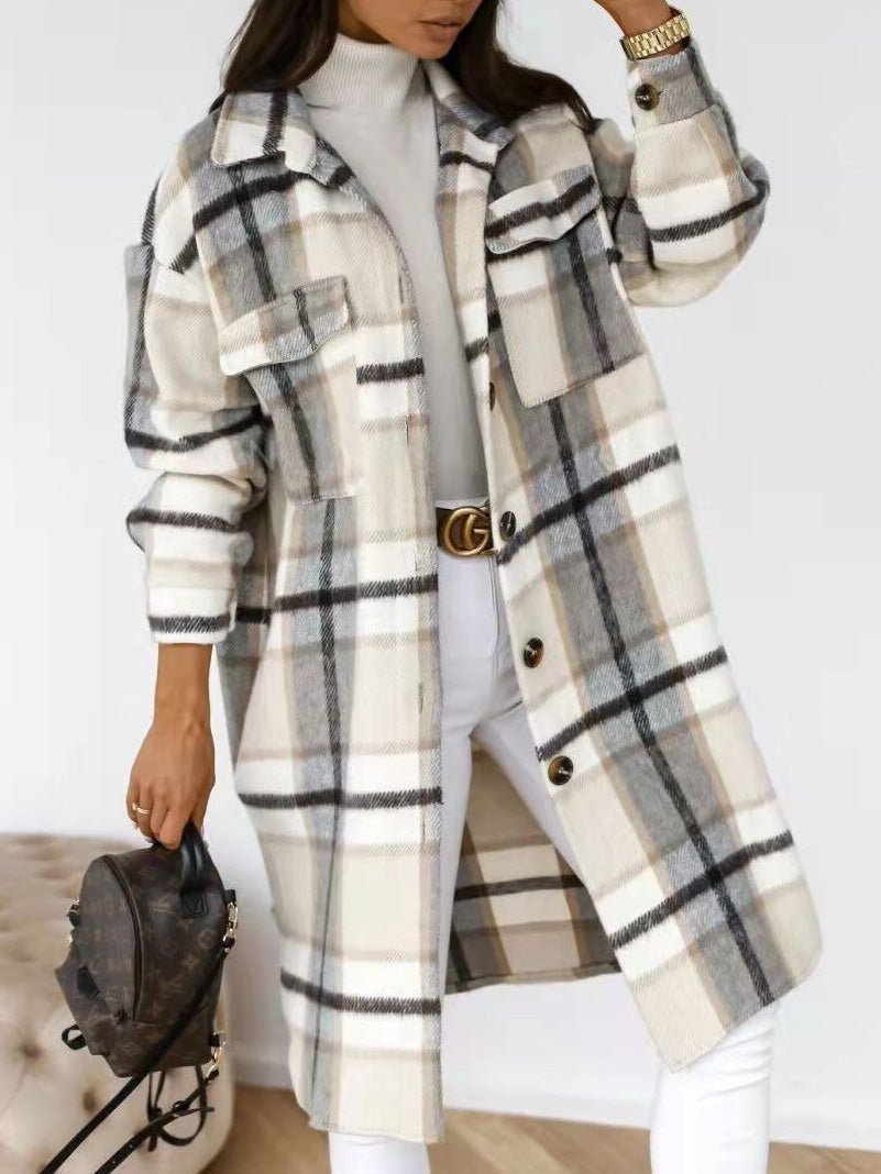 Coats Single Breasted Plaid Brushed Mid Length Wool Coat - LuckyFash™