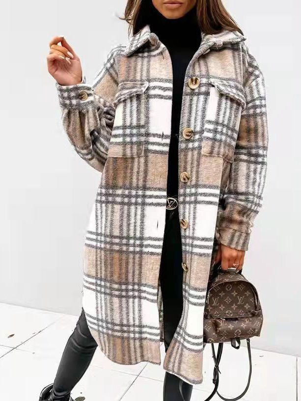 Coats Single Breasted Plaid Brushed Mid Length Wool Coat - LuckyFash™