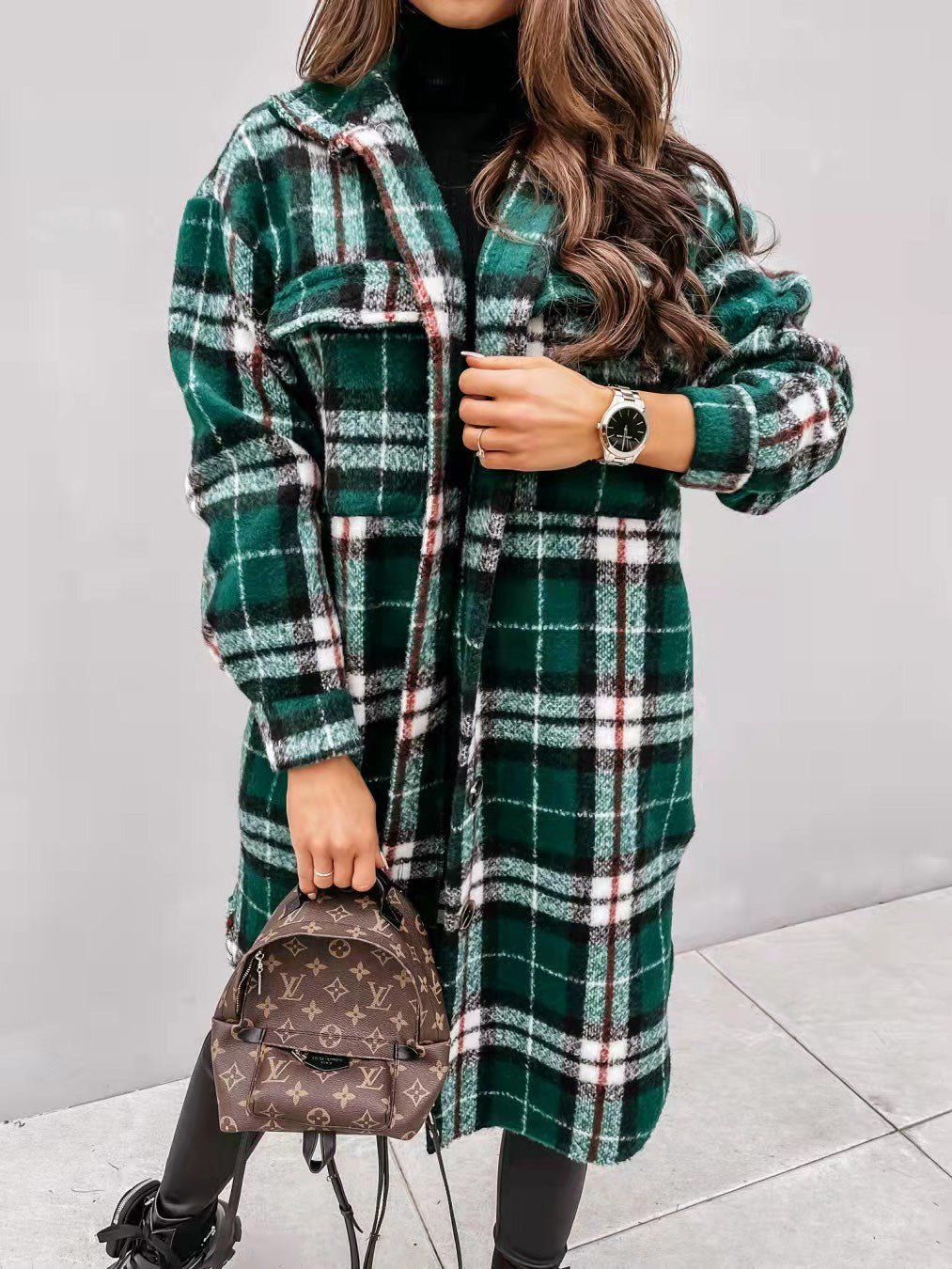 Coats Single Breasted Plaid Brushed Mid Length Wool Coat - LuckyFash™