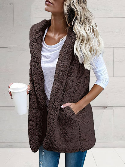 Coats Solid Sleeveless Hooded Pocket Fur Vest - LuckyFash™