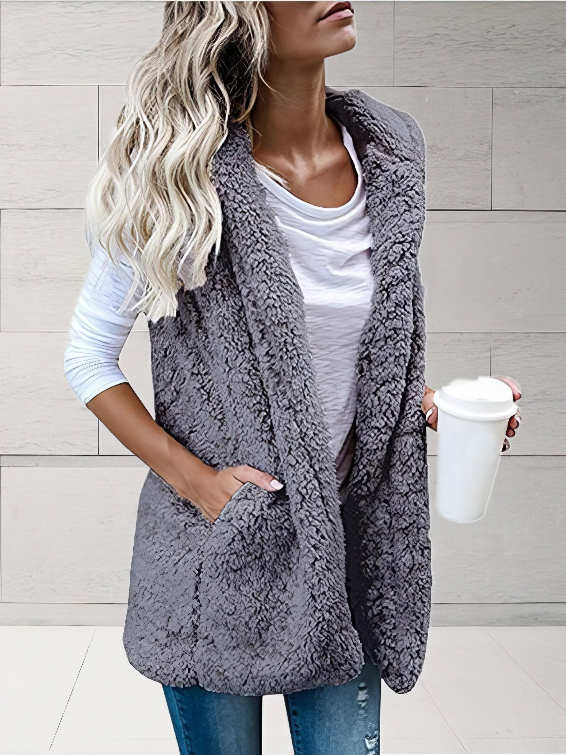 Coats Solid Sleeveless Hooded Pocket Fur Vest - LuckyFash™