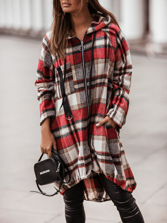 Coats Zip Check Shirt Mid-Length Hooded Coat - LuckyFash™