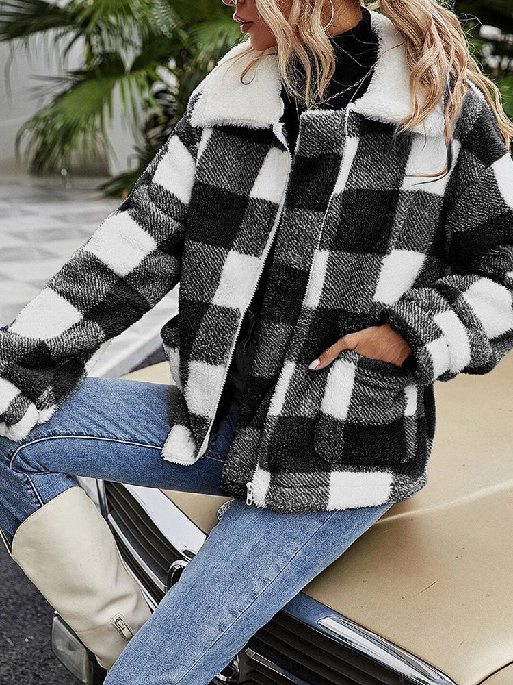 Coats Zip Up Lapel Collar Plaid Coat - LuckyFash™