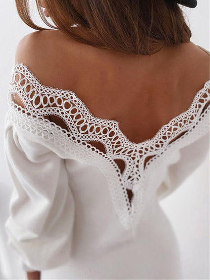 Women's Dresses Bare Back Hollow Lace Long Sleeve V-Neck Dress - LuckyFash™