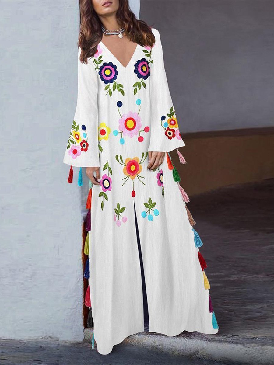 Women's Dresses Bohemian Print Multicolor Fringed Slit Dress - LuckyFash™