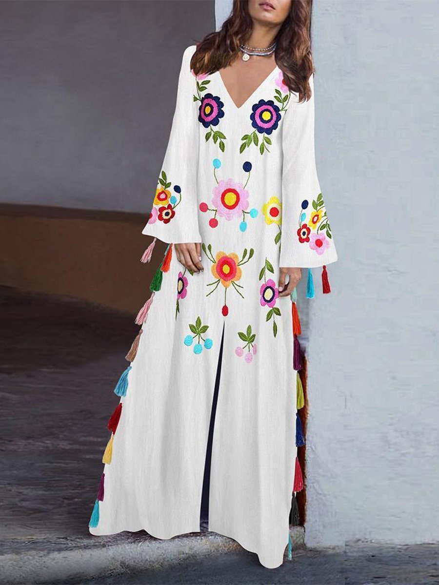 Women's Dresses Bohemian Print Multicolor Fringed Slit Dress - LuckyFash™