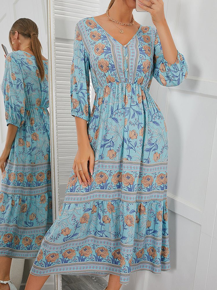 Dresses Bohemian Printed Medium Sleeve Midi Dress - LuckyFash™