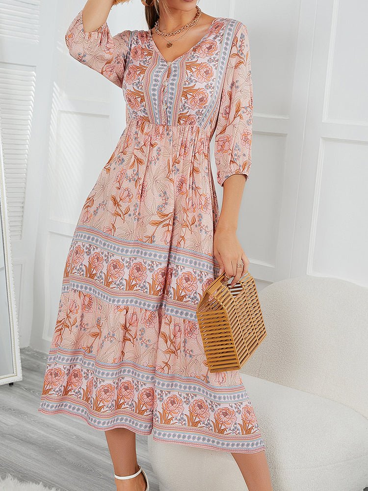 Dresses Bohemian Printed Medium Sleeve Midi Dress - LuckyFash™