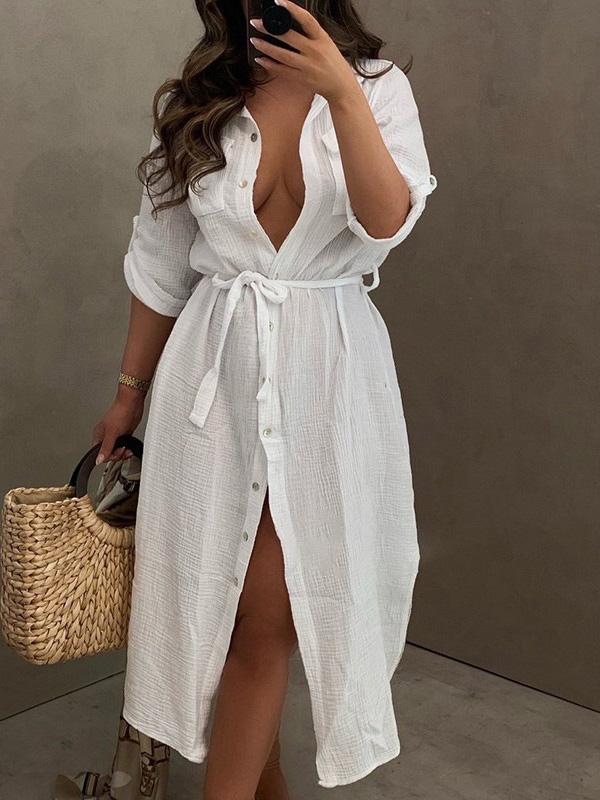 Women's Dresses Buttoned Long Sleeve Belted Shirt Dress - LuckyFash™