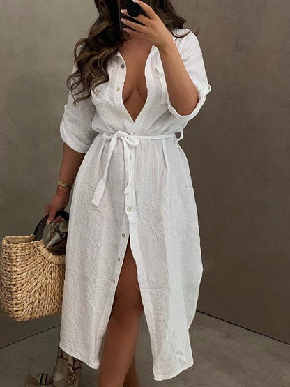 Women's Dresses Buttoned Long Sleeve Belted Shirt Dress - LuckyFash™
