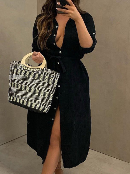 Women's Dresses Buttoned Long Sleeve Belted Shirt Dress - LuckyFash™