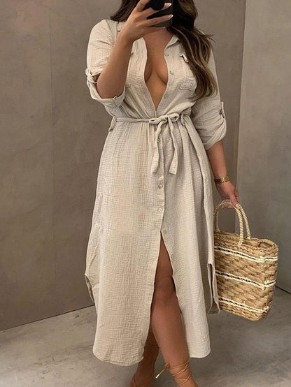 Women's Dresses Buttoned Long Sleeve Belted Shirt Dress - LuckyFash™