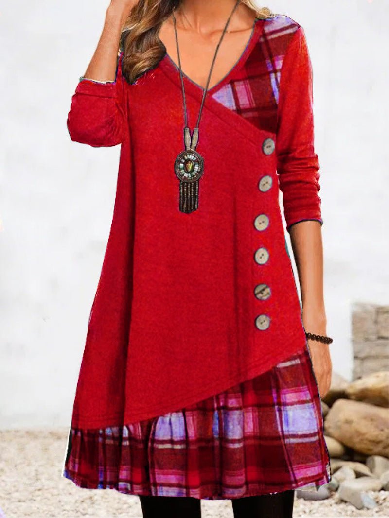 Women's Dresses Casual Check Paneled Button Long Sleeve Dress - LuckyFash™