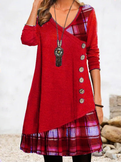 Women's Dresses Casual Check Paneled Button Long Sleeve Dress - LuckyFash™