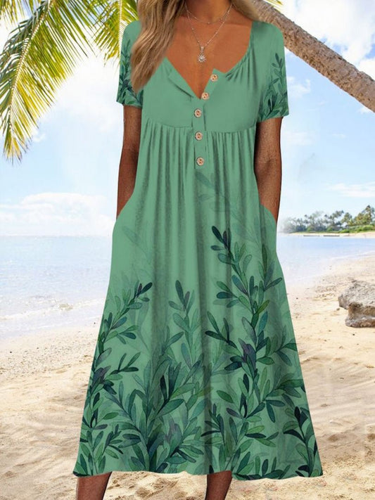 Dresses Casual Floral Print Button Pocket Short Sleeve Dress - LuckyFash™