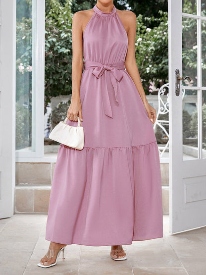 Dresses Casual Neck Hanging Solid Color Waist Closing Maxi Dress - LuckyFash™