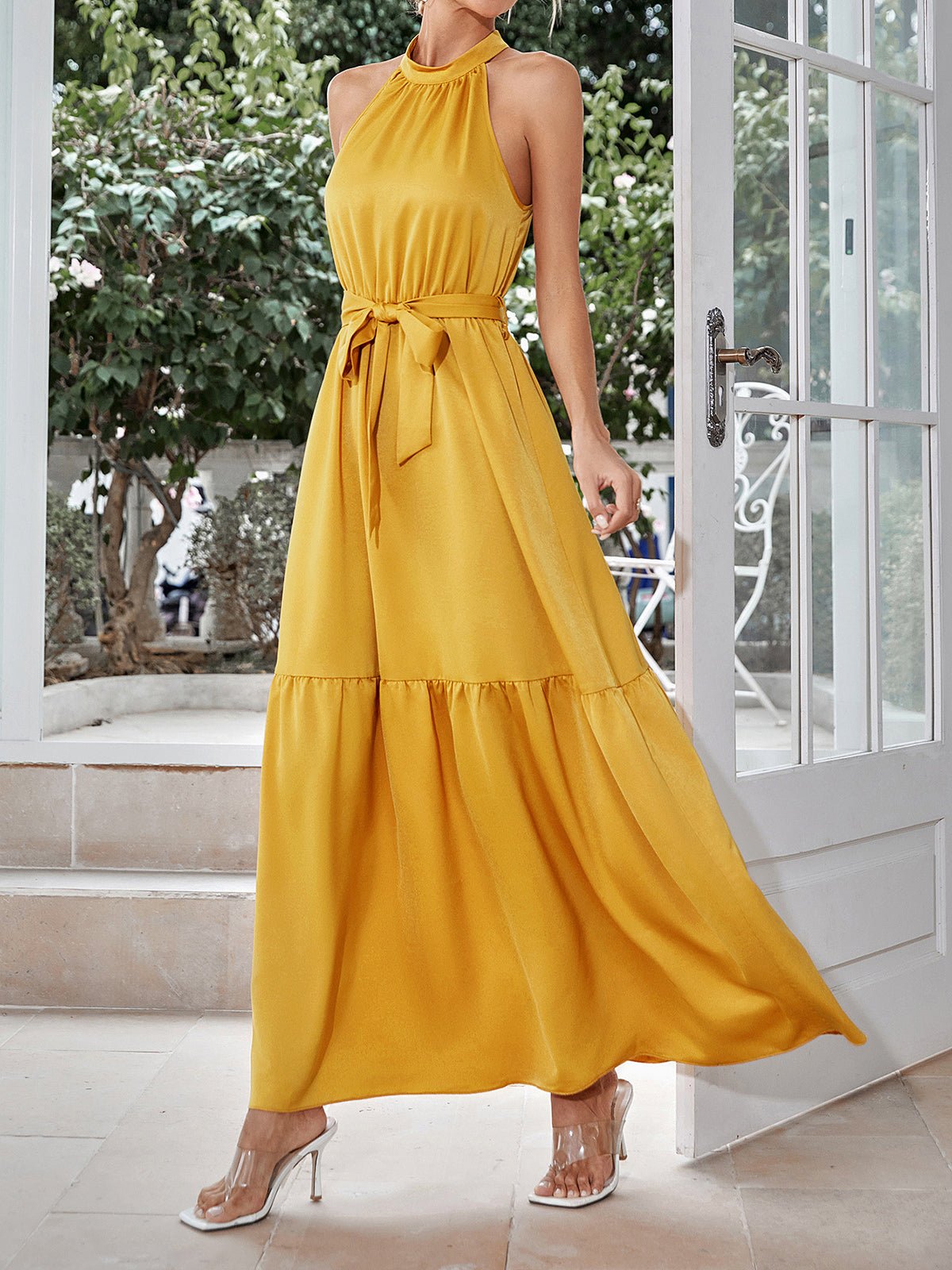 Dresses Casual Neck Hanging Solid Color Waist Closing Maxi Dress - LuckyFash™