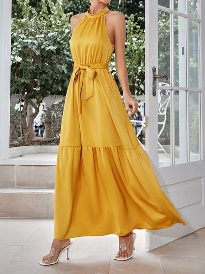 Dresses Casual Neck Hanging Solid Color Waist Closing Maxi Dress - LuckyFash™