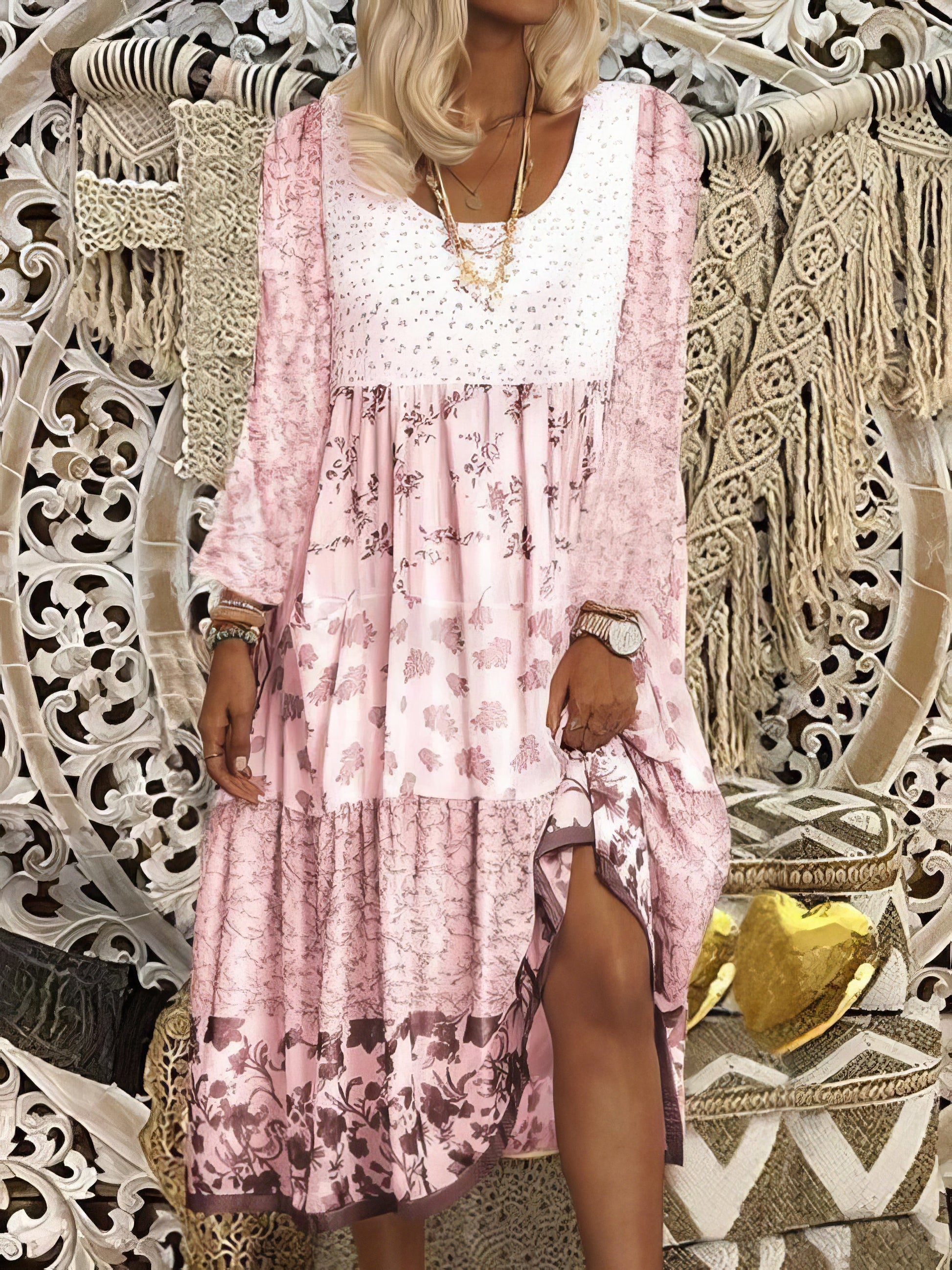 Dresses Casual Round Neck Print Long Sleeve Dress - LuckyFash™