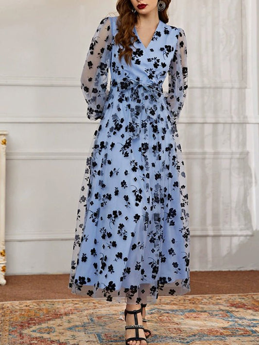 Dresses Casual V-Neck Floral Print Lace High-Waist Midi Dress - LuckyFash™