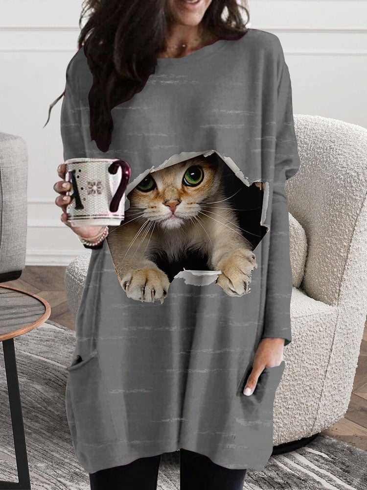 Women's Dresses Cat Ripped Pocket Long Sleeve Dress - LuckyFash™