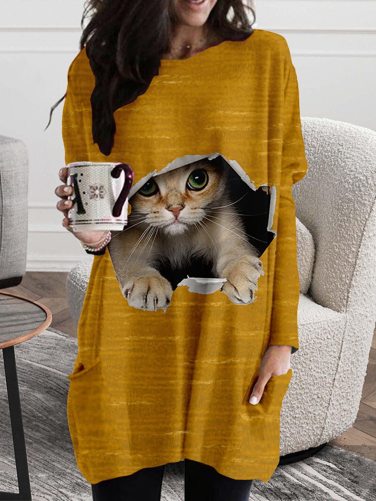 Women's Dresses Cat Ripped Pocket Long Sleeve Dress - LuckyFash™