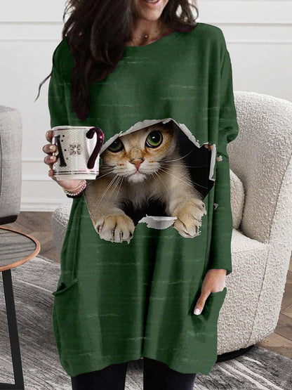 Women's Dresses Cat Ripped Pocket Long Sleeve Dress - LuckyFash™