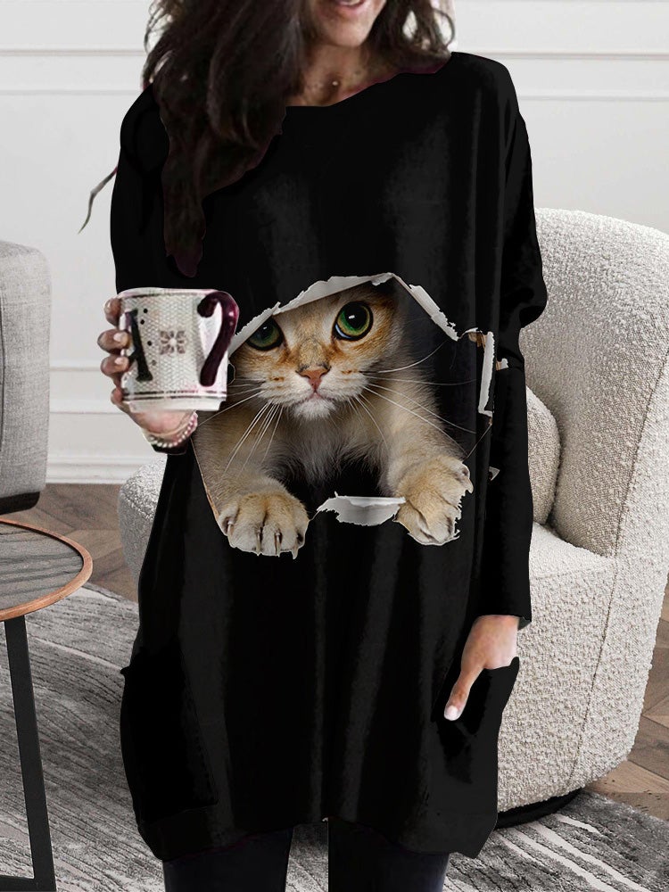 Women's Dresses Cat Ripped Pocket Long Sleeve Dress - LuckyFash™