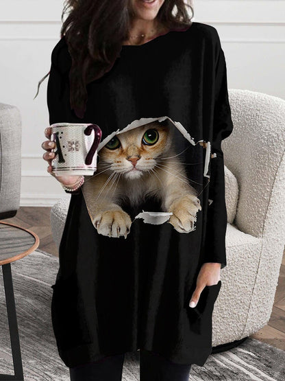 Women's Dresses Cat Ripped Pocket Long Sleeve Dress - LuckyFash™