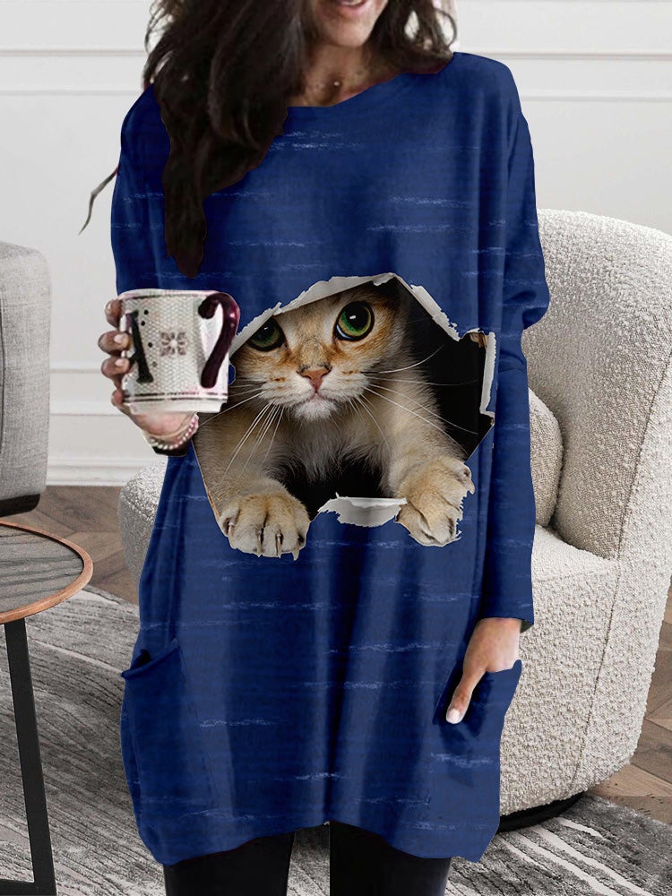 Women's Dresses Cat Ripped Pocket Long Sleeve Dress - LuckyFash™