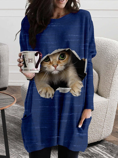 Women's Dresses Cat Ripped Pocket Long Sleeve Dress - LuckyFash™