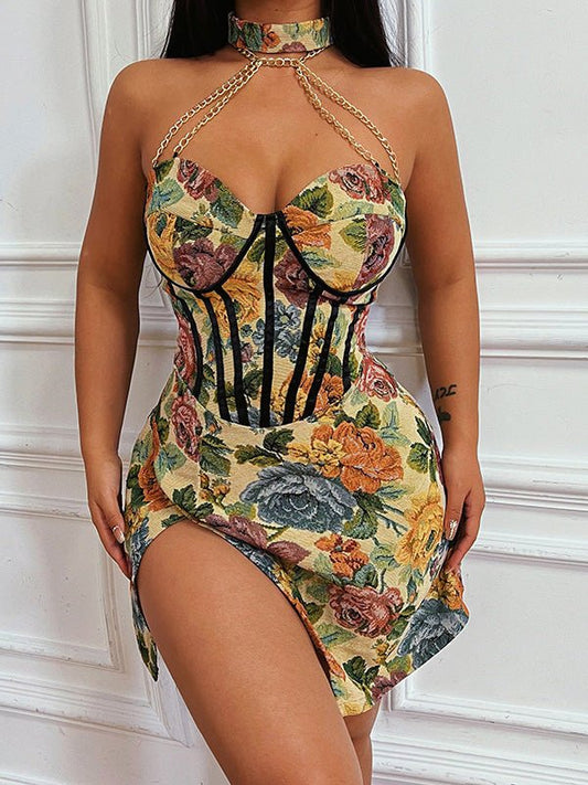 Dresses Chain Halter Vintage Print Slit Dress - LuckyFash™