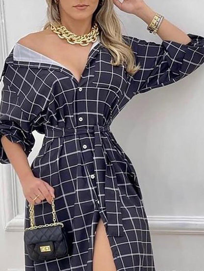 Women's Dresses Check Print Button Long Sleeve Shirt Dress - LuckyFash™