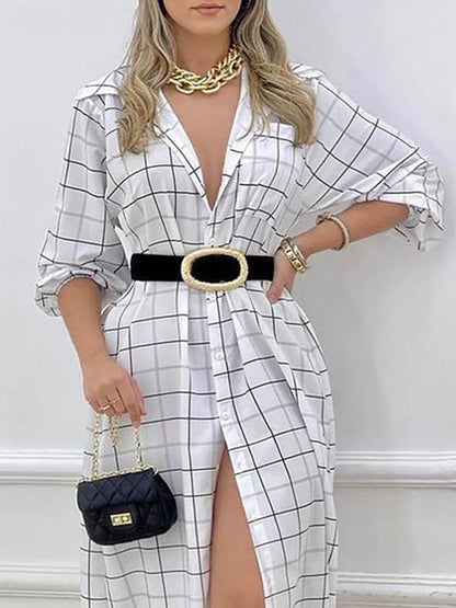Women's Dresses Check Print Button Long Sleeve Shirt Dress - LuckyFash™