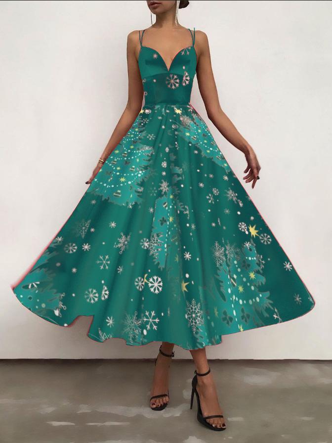 Women's Dresses Christmas Print Halter Strap Maxi Dress - LuckyFash™