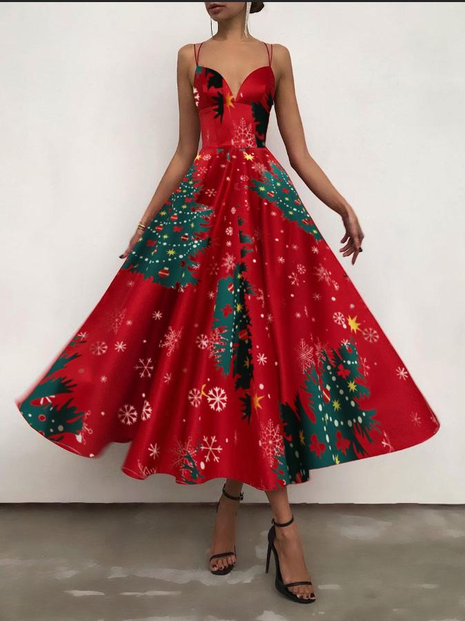 Women's Dresses Christmas Print Halter Strap Maxi Dress - LuckyFash™