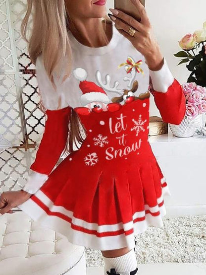 Women's Dresses Christmas Print Long Sleeve Pleated Dress - LuckyFash™