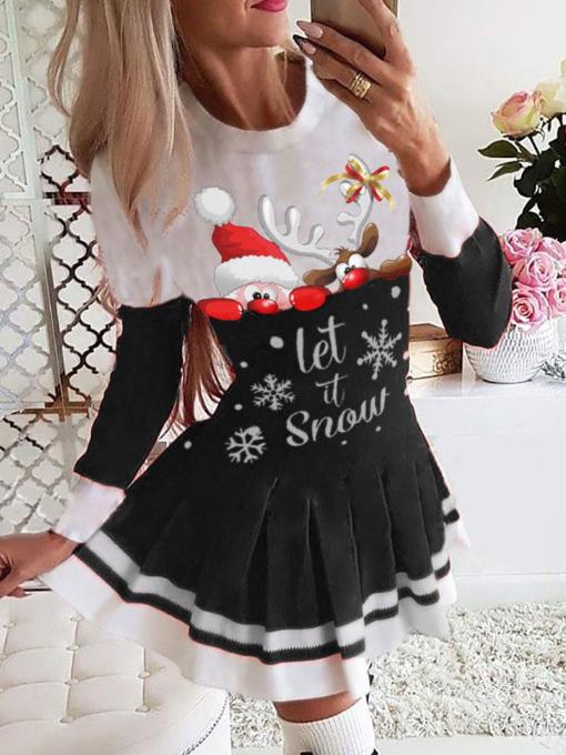 Women's Dresses Christmas Print Long Sleeve Pleated Dress - LuckyFash™