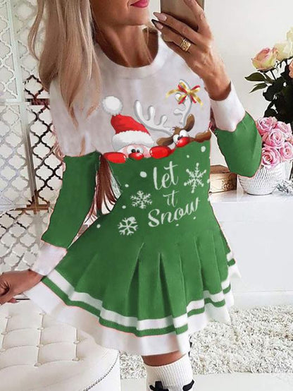 Women's Dresses Christmas Print Long Sleeve Pleated Dress - LuckyFash™